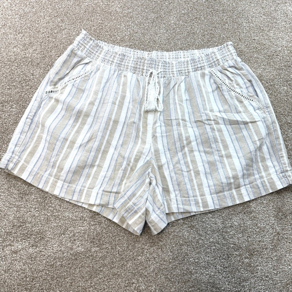 Briggs XXL Womens Striped Linen Blend Smocked Waist Shorts Tan Blue Tassel Boho